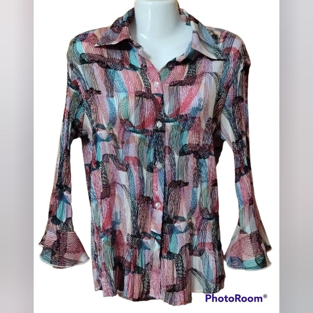 Vintage Essentials by Milano Button Down Abstract Blouse Sz M Womens Top